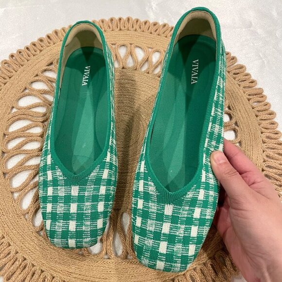 Vivaia Square-Toe V-Cut Flats (Margot 2.0) Green Gingham Size EU 39.5 - Picture 2 of 10